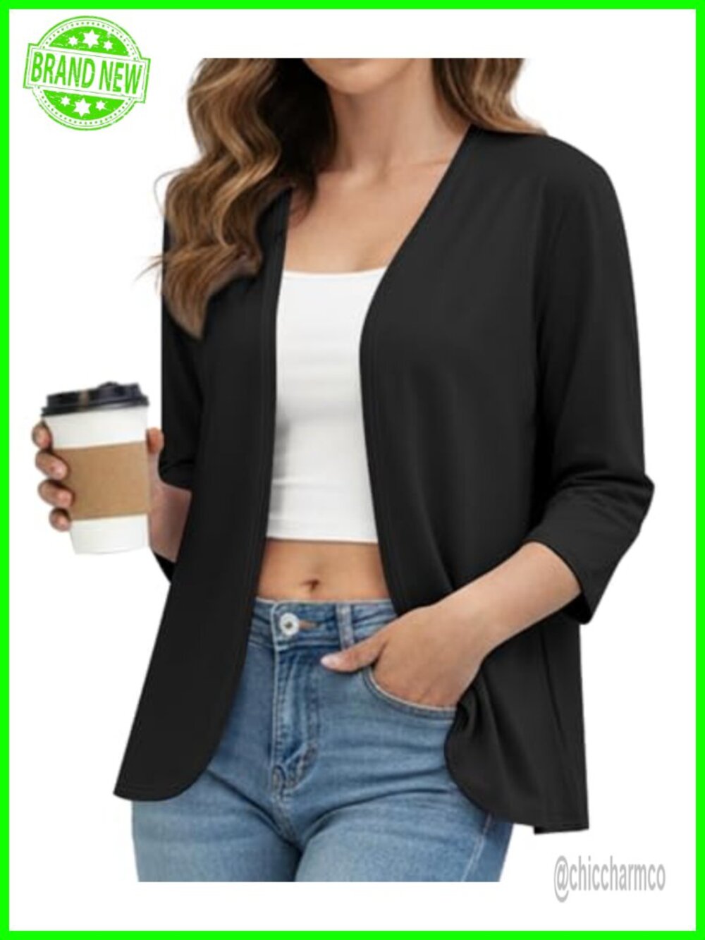 Women's Soft Lightweight 3/4 Sleeve Open Front Cardigan Curved Hem